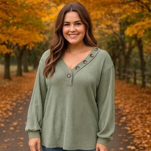 Olive Green Long Sleeve Button Detail Top